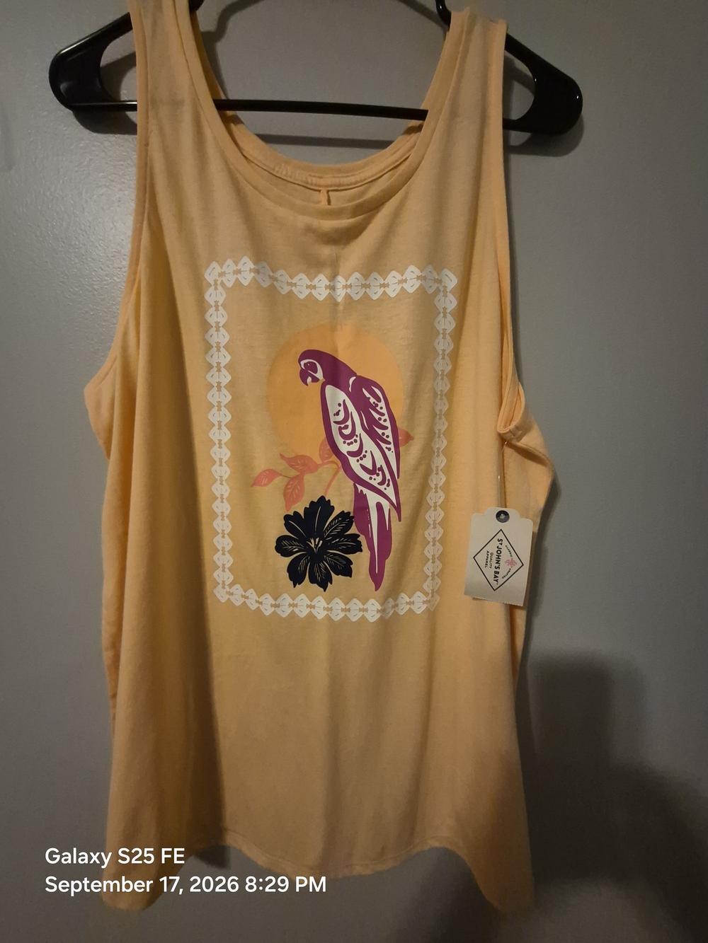 St. John's Bay Peach Tank Top with Pink Parrot Graphic